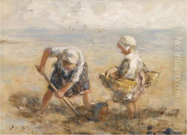 Digging On The Shore Oil Painting by Robert Gemmell Hutchison
