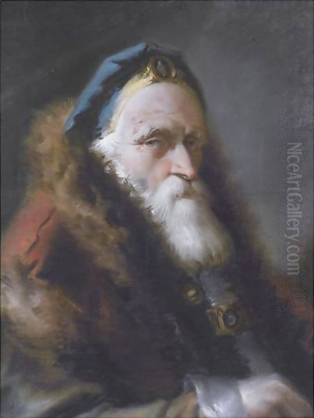 Portrait Of An Oriental, Head And Shoulders, Wearing A Bejewelled Blue Hat And A Red Fur-Trimmed Coat Oil Painting by Lorenzo Tiepolo