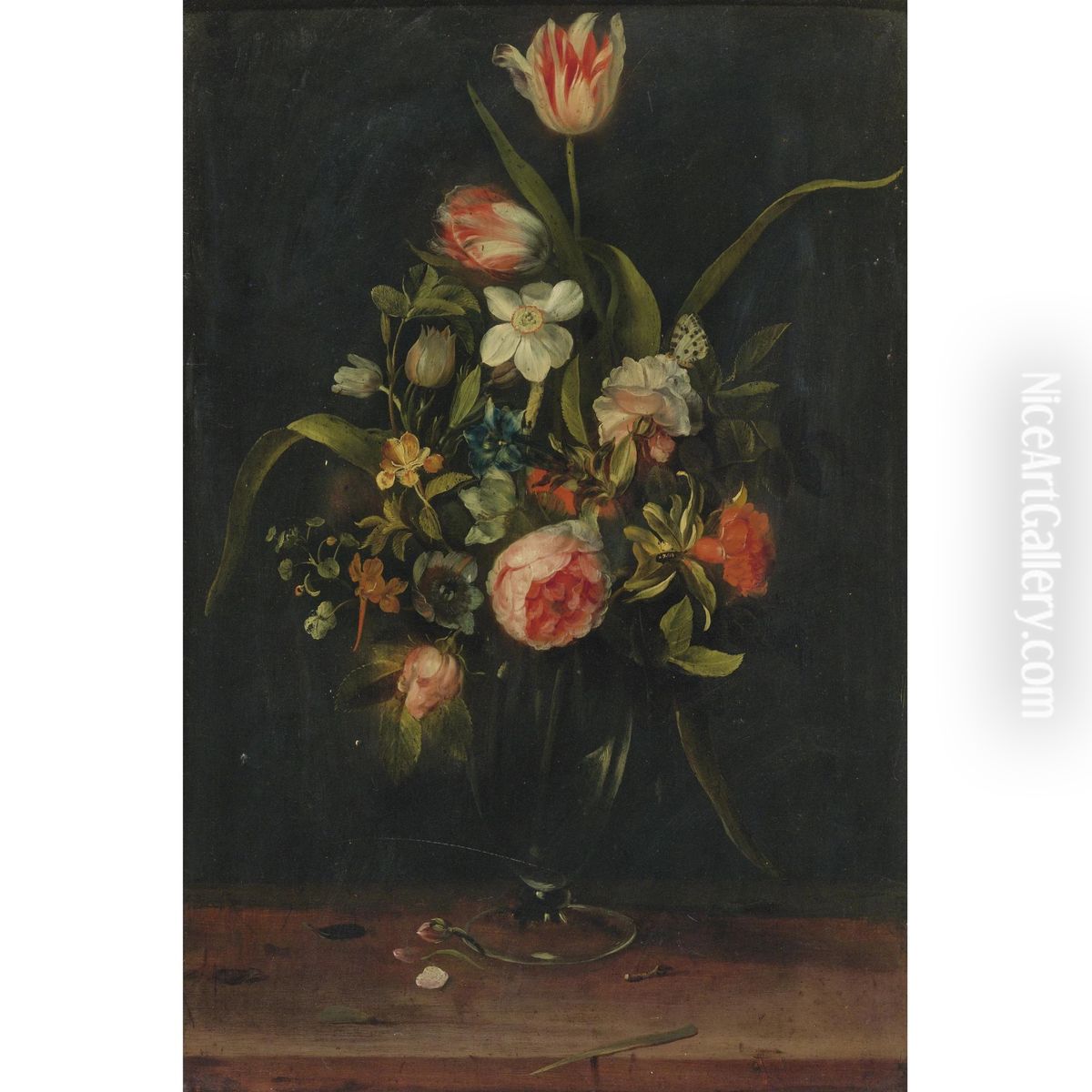 Still Life Of Roses, Tulips, Narcissus And Other Flowers In A Glass Vase Oil Painting by Frans Ykens