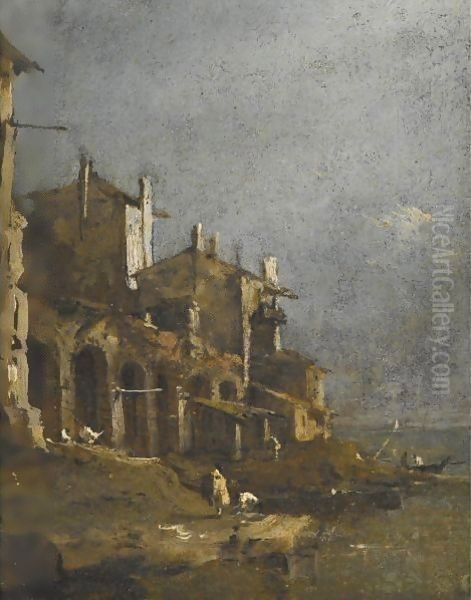 A Capriccio Coastal Landscape With Figures On The Shore Beneath An Arcade Oil Painting by Francesco Guardi
