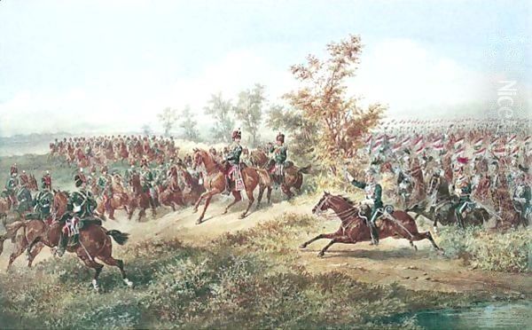 11th Hussars And 17th Lancers On Manoeuvres Oil Painting by Orlando Norie