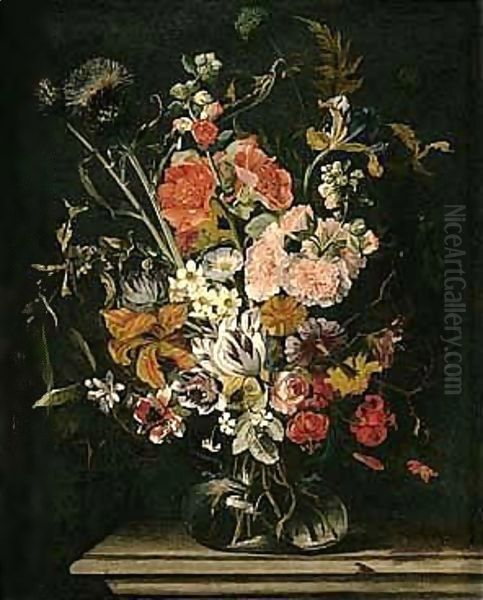 Still Life Of Tulips, Carnations, Stocks, Irises, Thistles And Lilies, In A Glass Vase, Upon A Stone Ledge Oil Painting by Pieter The Younger Brueghel