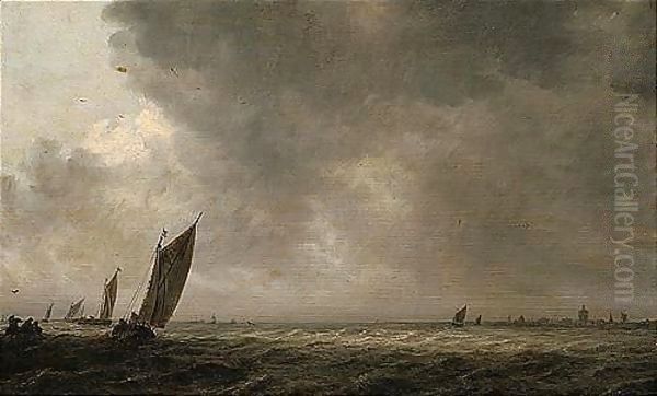An Estuary Scene With A Smalschip And Other Fishing Vessels In A Breeze Oil Painting by Jan van Goyen