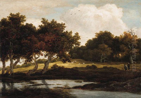 A Wooded Landscape With Travellers On A Track By A Pool Oil Painting by Jacob Van Ruisdael