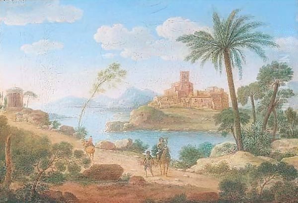 An Italianate Landscape With A Falconer On A Path Near A Classical Rotunda, An Island Town Beyond Oil Painting by Giacomo Van Lint