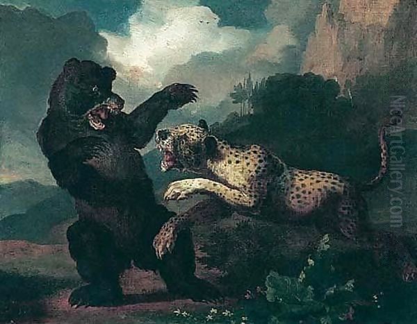 A Mountainous Landscape With A Leopard Attacking A Bear Oil Painting by Abraham Danielsz. Hondius