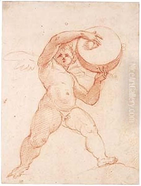 Study Of A Putto Playing A Tambourine Oil Painting by Cristoforo Pomarancio (Roncalli)