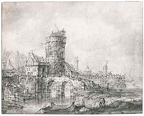 View Of The Fortified Gate And Walls Of A Riverside Town Oil Painting by Jan Abrahamsz. Beerstraten