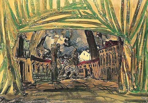 Stage set design for les femmes de bonne humeur Oil Painting by Leon Samoilovitch Bakst