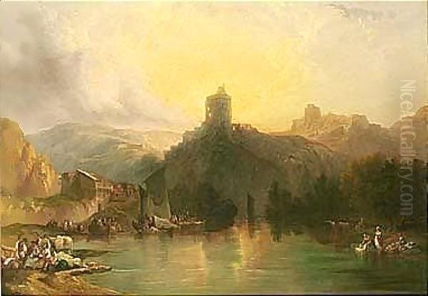 Summer Evening By The Lake Oil Painting by Genaro Perez Villaamil Y Duguet