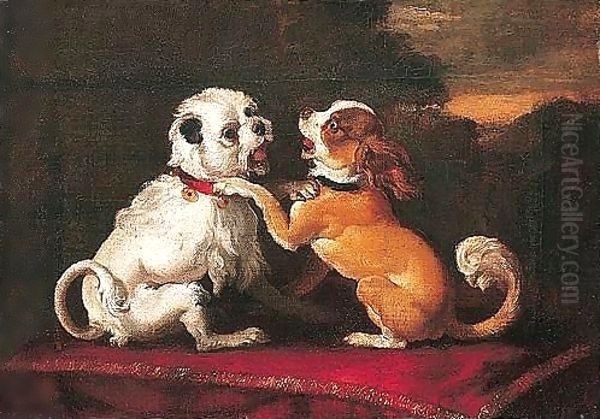 Two Dogs Playing On A Red Cushion Oil Painting by Abraham Danielsz. Hondius