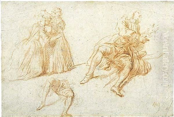 Study of two girls playing hide-and-seek and a study of a seated man and separate study of his legs Oil Painting by Nicolas Lancret