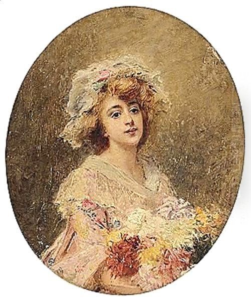 Beauty with bonnet and flowers Oil Painting by Konstantin Egorovich Egorovich Makovsky