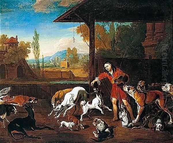 Feeding The Dogs Oil Painting by Abraham Danielsz. Hondius
