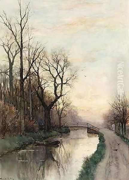 A Polder Landscape At Dusk Oil Painting by Fredericus Jacobus Van Rossum Chattel