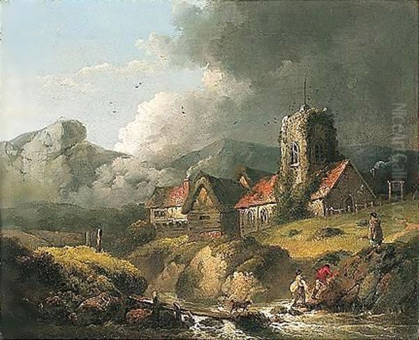 Figures Crossing A Stream With A Church Beyond Oil Painting by George Morland