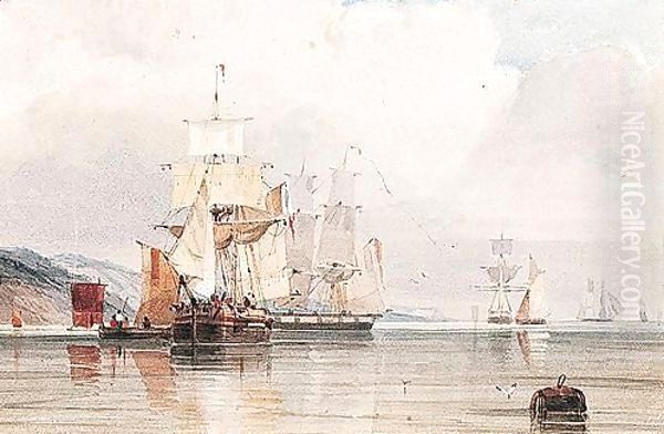 French Shipping Off The Coast In Calm Waters Oil Painting by Count Alexandre Thomas Francia