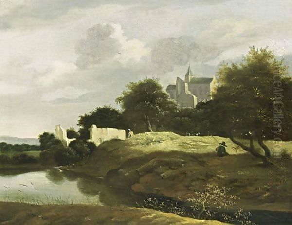 A Wooded Landscape With A Small River In The Foreground And Ruins Nearby, A View Of A Castle Beyond Oil Painting by Jan van Kessel