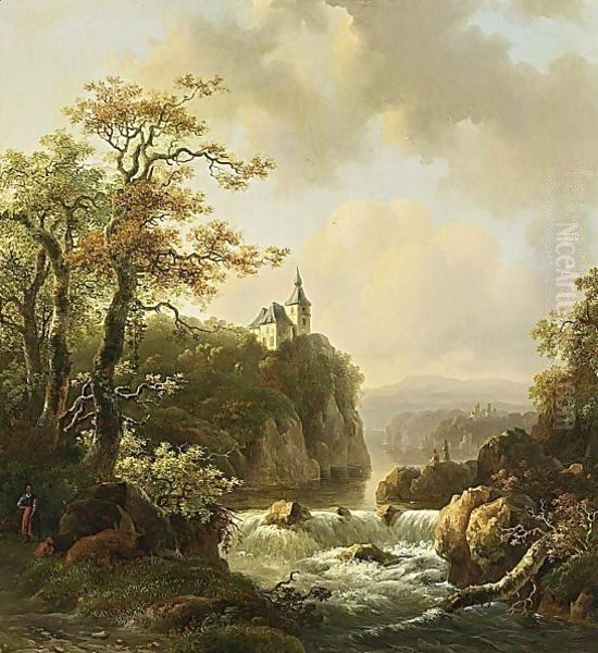 Mountainlandscape In Evening Sunshine With A Waterfall In The Background Oil Painting by Willem De Klerk