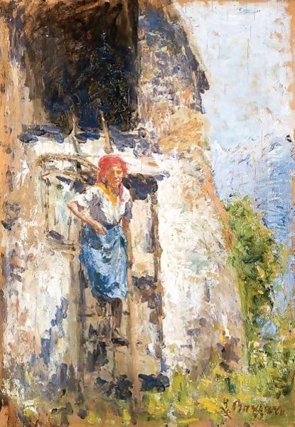 Contadina Con La Gerla Oil Painting by Leonardo Bazzaro