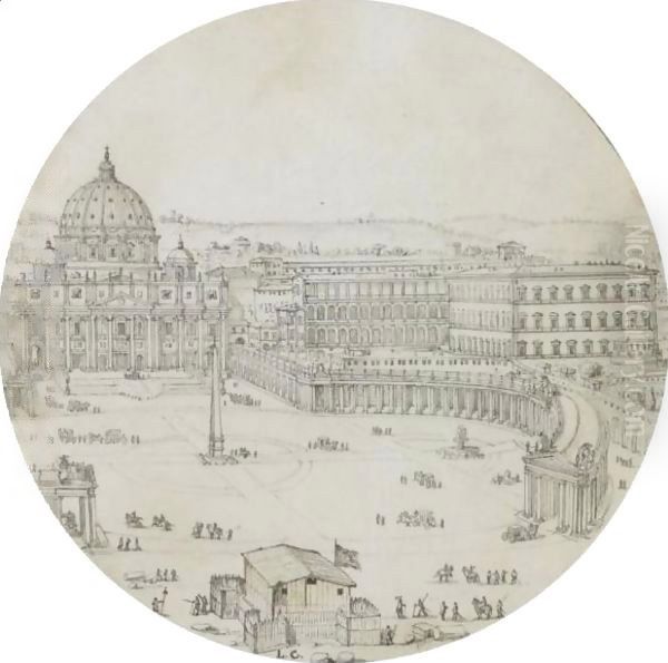 View Of St Peter'S, Rome, With A Military Encampment In The Foreground Oil Painting by Lieven Cruyl