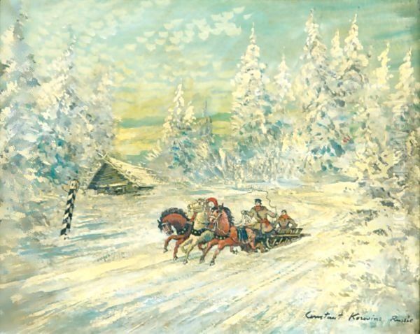 Troika Dans La Neige Oil Painting by Konstantin Alexeevich Korovine
