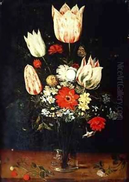 Flowers in a Glass Vase on a Ledge Oil Painting by Peter Paul Binoit
