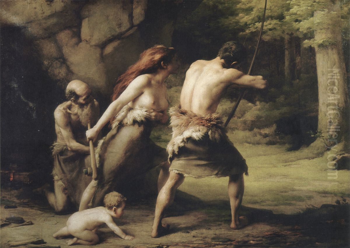 Prehistoric Man Hunting Bears Oil Painting by Emmanuel Benner