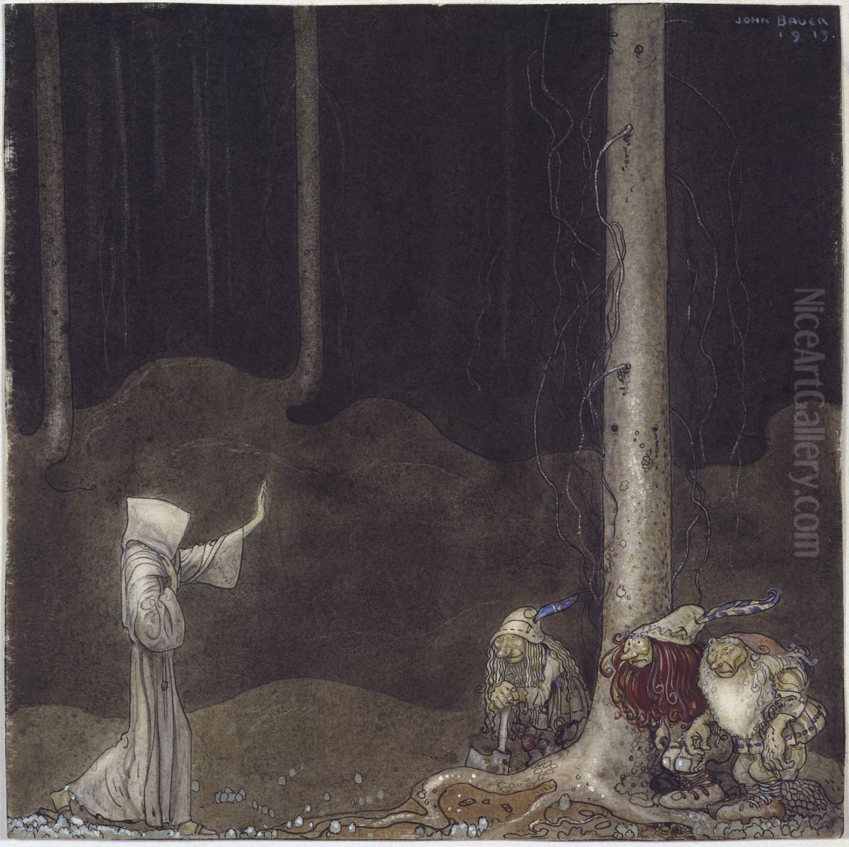 Brother St. Martin and the Three Trolls Oil Painting by John Bauer