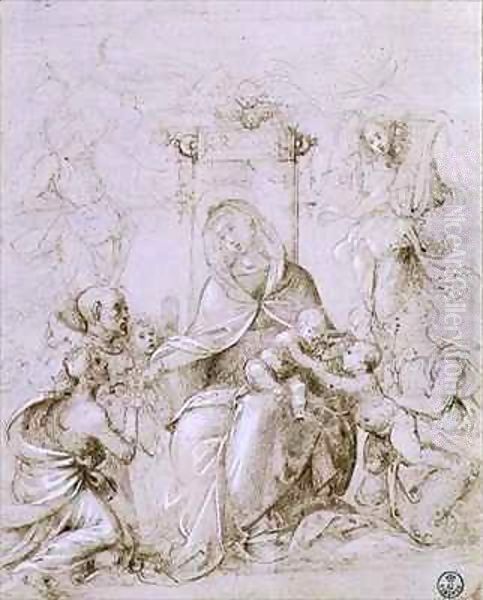 Madonna and Child enthroned with St. John the Baptist presented by an angel and St. Monica Oil Painting by Fra Bartolommeo della Porta