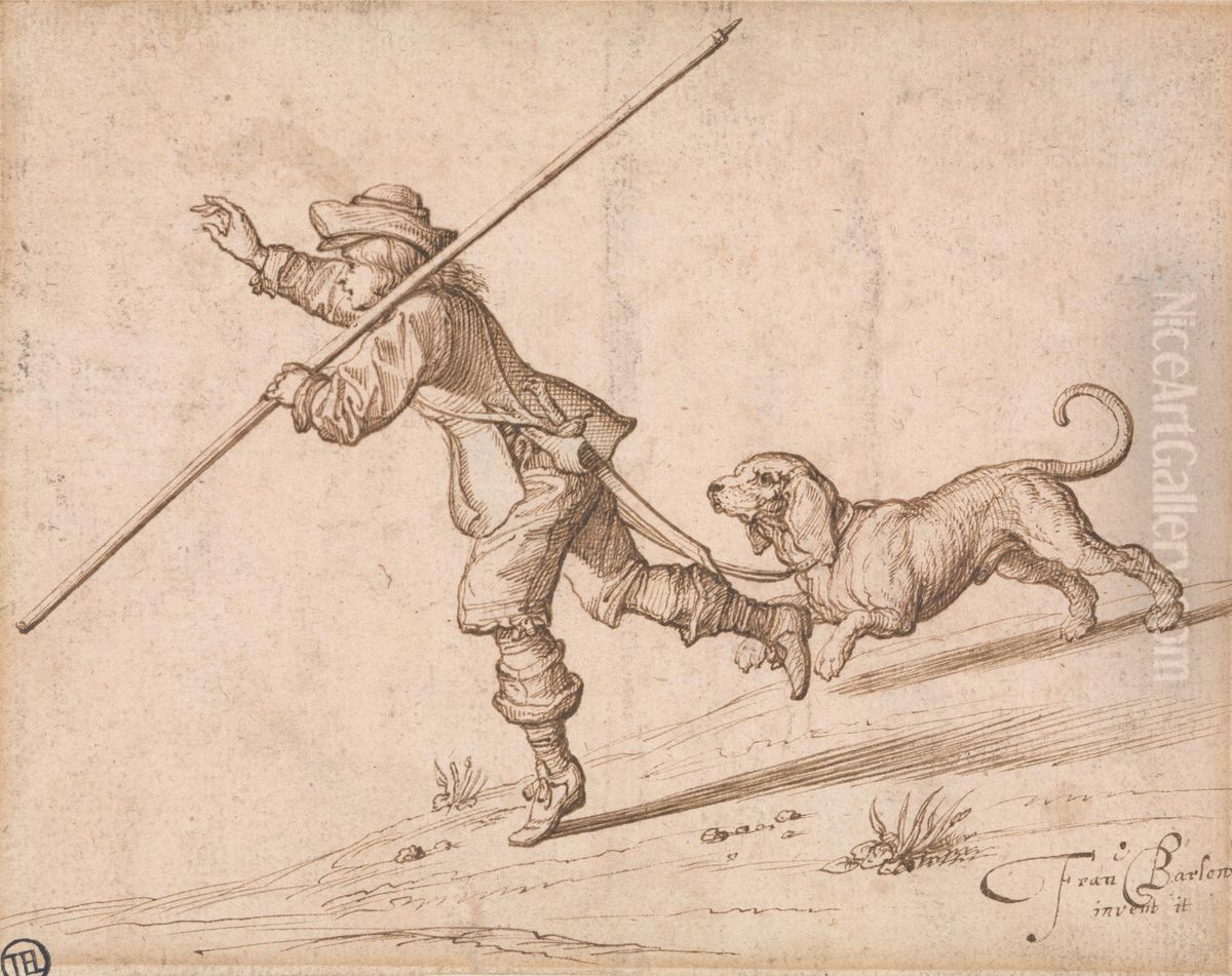 Man hunting with a pointed staff and a hound Oil Painting by Francis Barlow