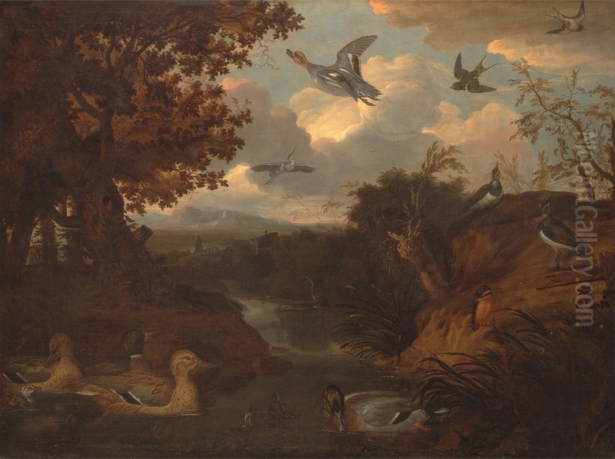 Ducks and other birds about a stream in an Italianate landscape Oil Painting by Francis Barlow