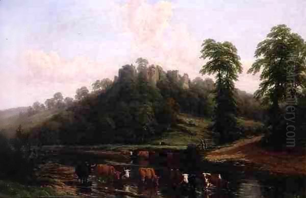 Cattle Watering beneath Goodwich Castle on the Wye Oil Painting by Thomas Baker Of Leamington