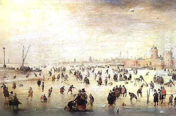 Skaters on a Frozen River Oil Painting by Barent Avercamp