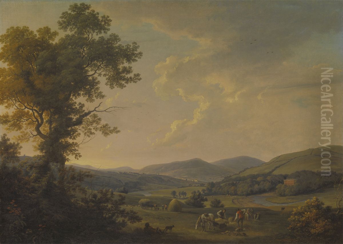 Landscape with Haymakers and a Distant View of a Georgian House Oil Painting by William Ashford