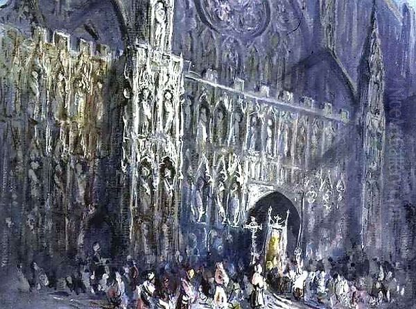 The West Front of Exeter Cathedral, with a Religious Procession in the Foreground Oil Painting by Francis Abel William Taylor Armstrong