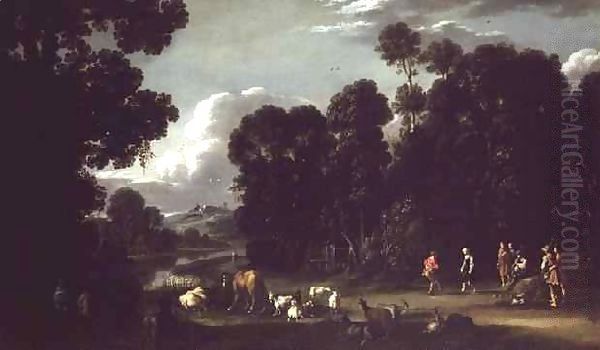 Italianate Landscape at Twilight with Peasants Dancing Oil Painting by Filippo de Liano d' (Napoletano) Angeli