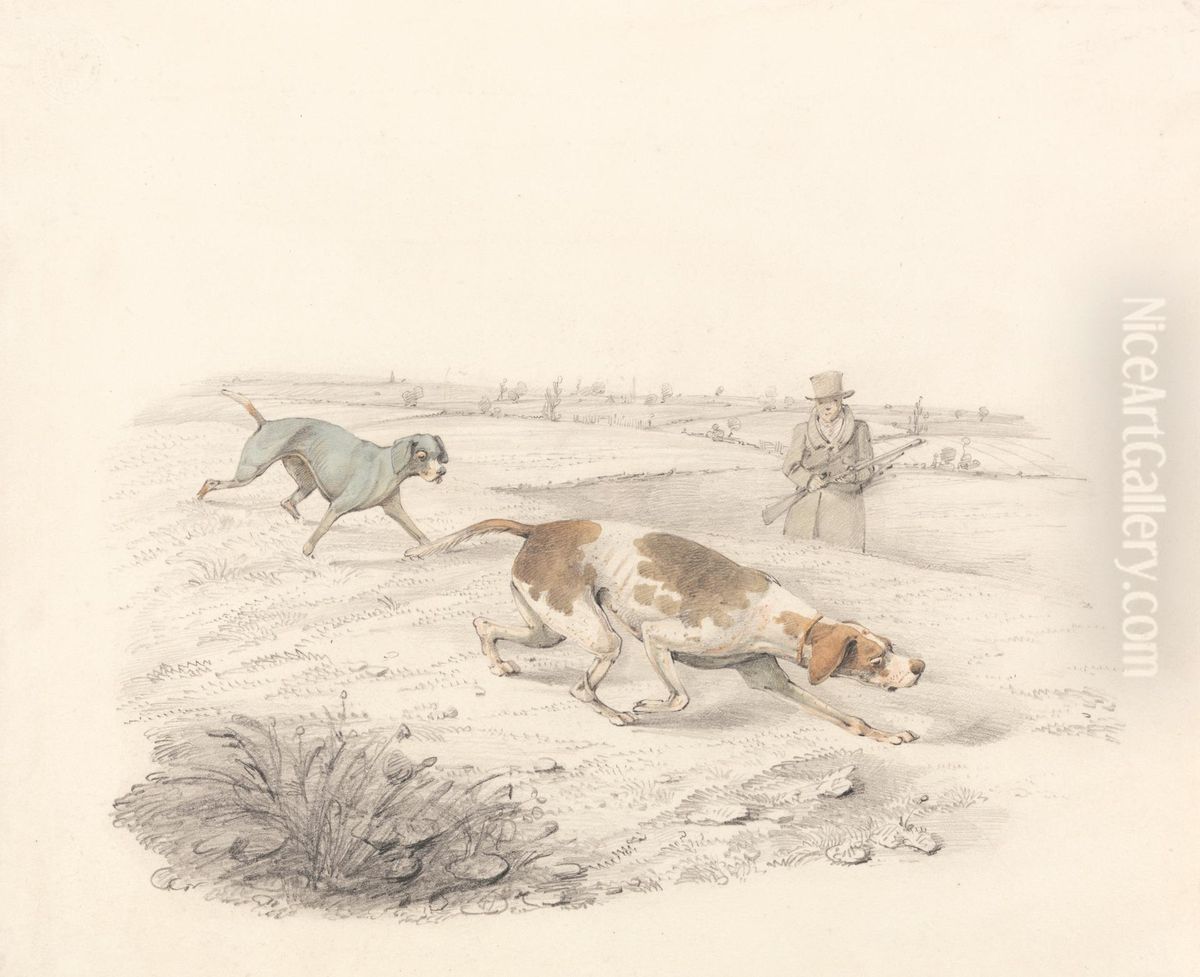 Two Pointers, facing right with a Sportsman Oil Painting by Henry Thomas Alken