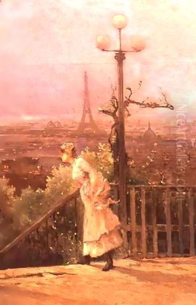 Paris seen from the heights of Montmartre 3 Oil Painting by Jean D'Alheim