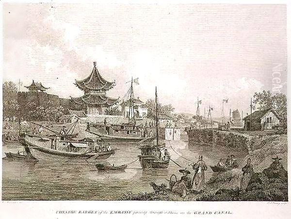 Chinese Barges of the Embassy Passing Through a Sluice of the Grand Canal Oil Painting by William Alexander