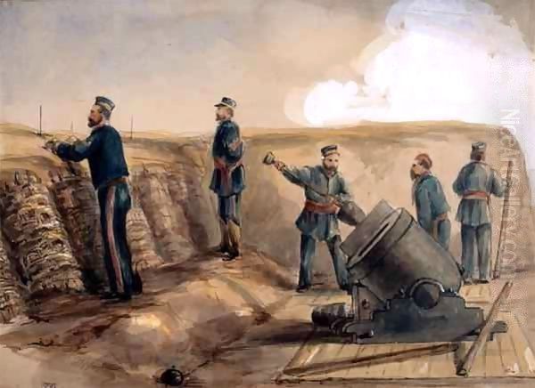A 13-inch mortar of the Royal Artillery in action Oil Painting by Lt. Henry James Alderson