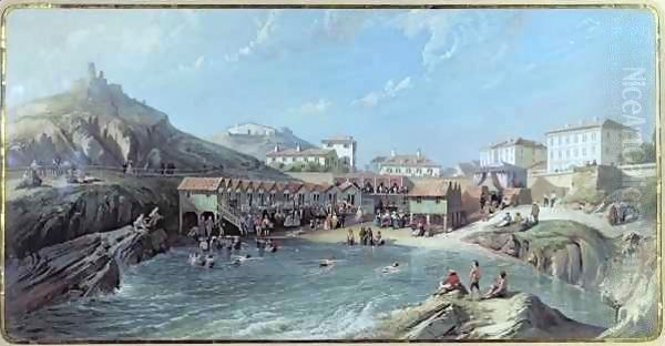 The Beginning of Sea Swimming in the Old Port of Biarritz Oil Painting by Jean Jacques Alban de Lesgallery