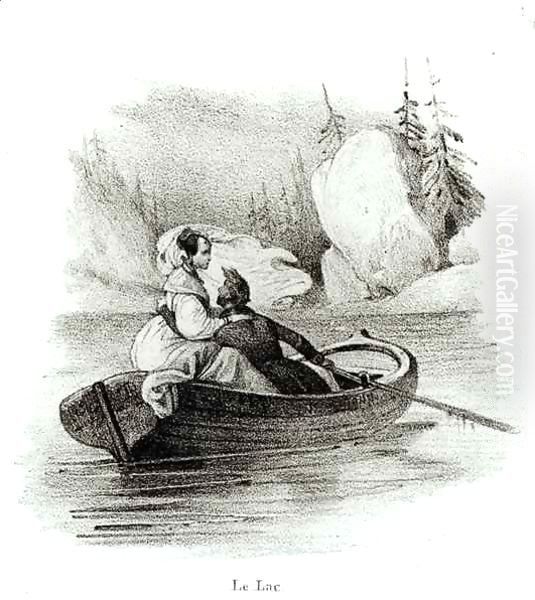 Alphonse de Lamartine (1790-1869) and Elvire on the Lake at Bourget Oil Painting by Victor Adam