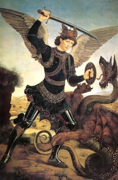 St Michael and the Dragon Oil Painting by Antonio Del Pollaiuolo