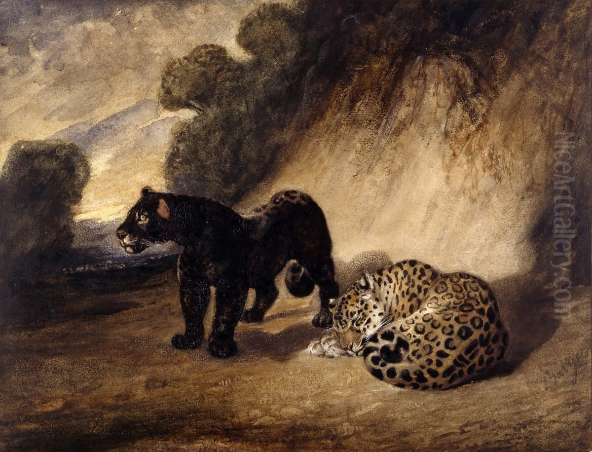 Two Jaguars from Peru Oil Painting by Antoine-louis Barye