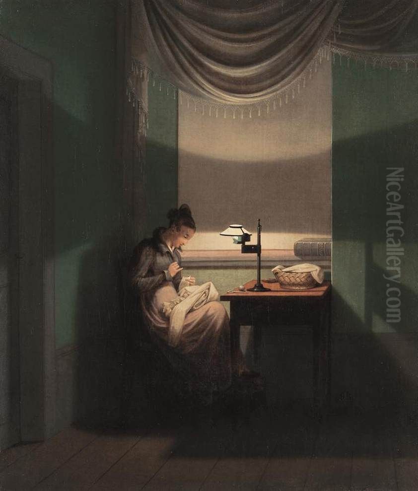 Young Woman Sewing by the Light of a Lamp Oil Painting by Georg Friedrich Kersting
