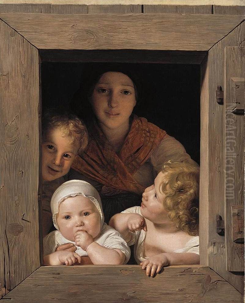 Young Peasant Woman with Three Children at the Window Oil Painting by Ferdinand Georg Waldmuller