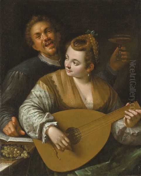 Donna Venusta' With A Portrait Of The Artist Oil Painting by Hans Von Aachen