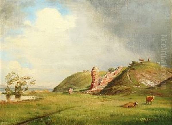Hilly Landscape From Hald Ege With Cows By Ruins Oil Painting by Carl Frederik Peder Aagaard