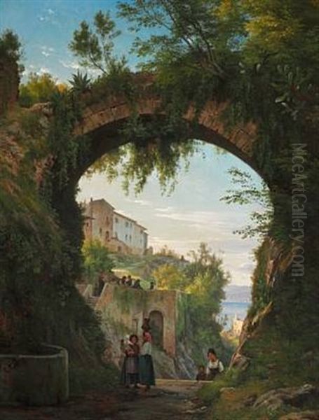 Italians Under An Aqueduct In A High-lying Town At A Lake Oil Painting by Carl Frederik Peder Aagaard